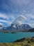 View of Cuernos del Paine from the lake Pehoe in national park Torres del Paine in Chile