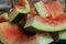 View of the cut watermelon fruit thick skin. Use for healthy snack concept