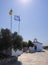 View of the Cycladic style Greek Church on the beach on the Greek island of Evia in Greece on a Sunny day