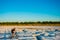 View of cyclist racing on the bicycle in desert. Outdoor sports, cycling, tourism