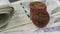 View of Czech banknotes with Czech coins, slow shot of coins, slow motion