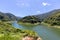 View of Daishoji River and mountains from Wagatani dam. Kaga, Ishikawa, Japan