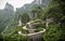 A view of the dangerous 99 curves at the Tongtian Road to Tianmen Mountain, The Heaven`s Gate at Zhangjiagie, Hunan Province, Ch