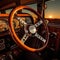 View of the dashboard and steering wheel of a vintage jeep with the sun setting in the background