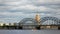 View through the Daugava River of the Riga railway bridge and the Building of Academy of Sciences of Latvia, Riga Latvia