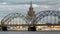 View through the Daugava River of the Riga railway bridge and the Building of Academy of Sciences of Latvia, Riga Latvia