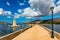 View of the De Bosset Bridge in Argostoli city on Kefalonia island. De Bosset Bridge on lakeside In Argostoli, Kefalonia. Obelisk