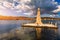 View of the De Bosset Bridge in Argostoli city on Kefalonia island. De Bosset Bridge on lakeside In Argostoli, Kefalonia. Obelisk