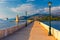 View of the De Bosset Bridge in Argostoli city on Kefalonia island. De Bosset Bridge on lakeside In Argostoli, Kefalonia. Obelisk