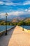 View of the De Bosset Bridge in Argostoli city on Kefalonia island. De Bosset Bridge on lakeside In Argostoli, Kefalonia. Obelisk