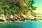 View from the deck of cruise ship on the Skiathos harbor. Skiathos island, Sporades archipelago. Greece. Toned image.