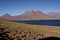 View on deep blue lake at Altiplanic Laguna Lagoon Miscanti in Atacama desert with partly snow capped cone