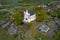 View of the defensive type church in the village of Murovanka aerial photography. Grodno region, Belarus
