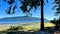 view from Denman island to Hornby island A lone coniferous tree on the shore is seen in the distance an island with