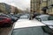 View of the dense parking in the ancient historical district of the city of Kiev.