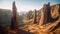 a view of a desert with tall rocks in the background