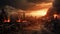 View of destruction city with fires and explosion over dramatic sky background. generative ai