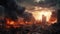 View of destruction city with fires and explosion over dramatic sky background. generative aiView of destruction city with fires