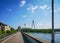 View from the dike of the city of Neuwied to the bridge across the river Rhine