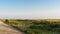 View from the dike over the grassland between the dike and the beach on the North Sea coast.