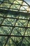 View of dirty glass on green house exterior with interior white metal beams and triangular lense geometry for pyramid