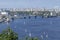 View of Dnieper river, bridge and yachts floating on water