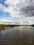 a view of the Dnieper River from a height, passing ships and boats in the big city. Kiev