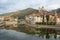 View of Dolceacqua medieval village on Nervia river