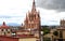 View of dome and towers of cathedral and town of San Miguel de Allende in Guanajuato Mexico