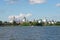 A view of domes of ancient temples of Rostov Veliky from the lake Nero. Golden Ring of Russia