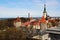 View of the domes, towers, cathedrals, buildings of the old city from the fortress wall in Tallinn, Estonia.