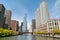 View of Donald Trump Tower and Skyscrapers from Chicago River in center of Chicago, USA