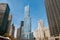 View of Donald Trump Tower and Skyscrapers from Chicago River in center of Chicago, USA