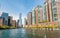 View of Donald Trump Tower and Skyscrapers from Chicago River in center of Chicago, USA