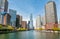 View of Donald Trump Tower and Skyscrapers from Chicago River in center of Chicago, USA