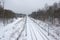 A view of the double track railway trail in winter scenery.