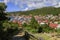 View down a footpath to the red roof tops of Gustavia from Fort Carl Nature Reserve on exclusive French Caribbean St. Barthelemy