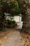 View down a narrow sidewalk bordered by large trees and deep shadows