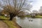 A view down the River Great Ouse towards the Butterfly bridge in Bedford, UK