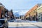 A view down the streets of downtown Fernie, British Columbia, Canada on a sunny morning during the winter.