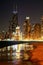 View of downtown Chicago at duskView of downtown Chicago and Lake Michigan after sunset.