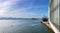 View of downtown city harbor seafront and Freight and passenger sea ferry bound for Britain. Santander, Cantabria, Spain