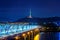 View of downtown cityscape at Dongjak Bridge and Seoul tower over Han river in Seoul, Korea.