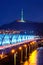 View of downtown cityscape at Dongjak Bridge and Seoul tower over Han river in Seoul, Korea.