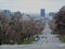 View of downtown Salt Lake City looking down 100 South from the University of Utah West towards the City in early spring March of