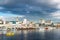 View of downtown Valdivia across the Calle Calle River, Chile