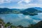 View from Drachenwand rock on Mondsee and Attersee. Via ferrata in Halstatt region, Austria.