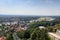 View of Dresden cityscape with Dresden Suspension Railway tracks, river Elbe and church Frauenkirche