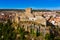 View from drone of Almansa overlooking fortified Castle and Church, Spain