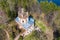 View from the drone of a dilapidated church on the banks of the Uvodsky reservoir, Egoriy village, Ivanovo region, Russia